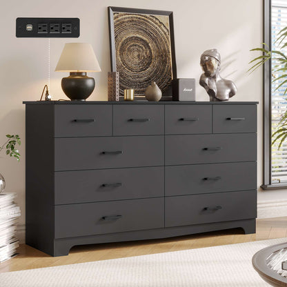 DICTAC 55.1" Wide Dresser with 10 Drawers & Charging Station, Large Storage Chest of Drawers, Long TV Stand Dresser for Bedroom & Living Room (Black/White)