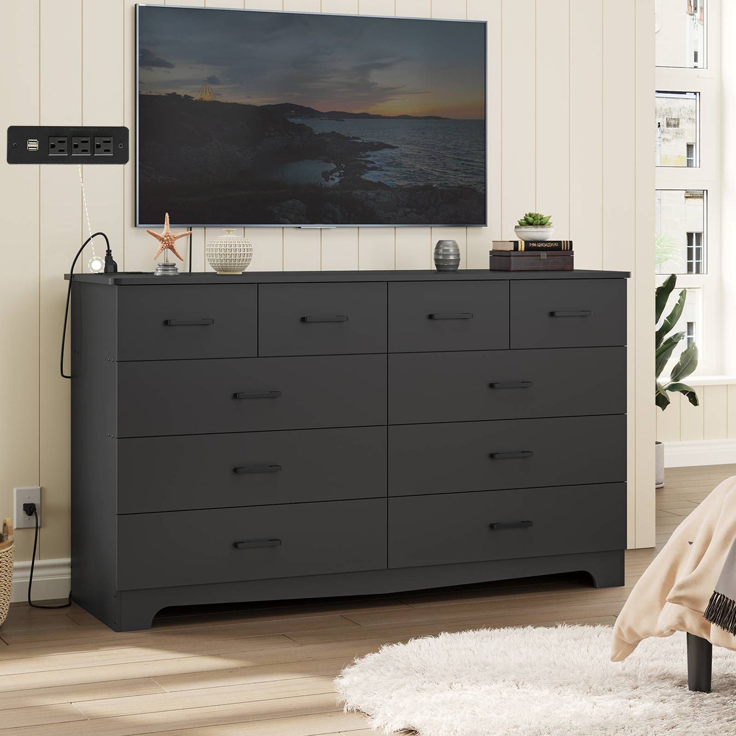 DICTAC 55.1" Wide Dresser with 10 Drawers & Charging Station, Large Storage Chest of Drawers, Long TV Stand Dresser for Bedroom & Living Room (Black/White)