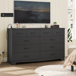 DICTAC 55.1" Wide Dresser with 10 Drawers & Charging Station, Large Storage Chest of Drawers, Long TV Stand Dresser for Bedroom & Living Room (Black/White)