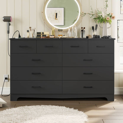 DICTAC 55.1" Wide Dresser with 10 Drawers & Charging Station, Large Storage Chest of Drawers, Long TV Stand Dresser for Bedroom & Living Room (Black/White)