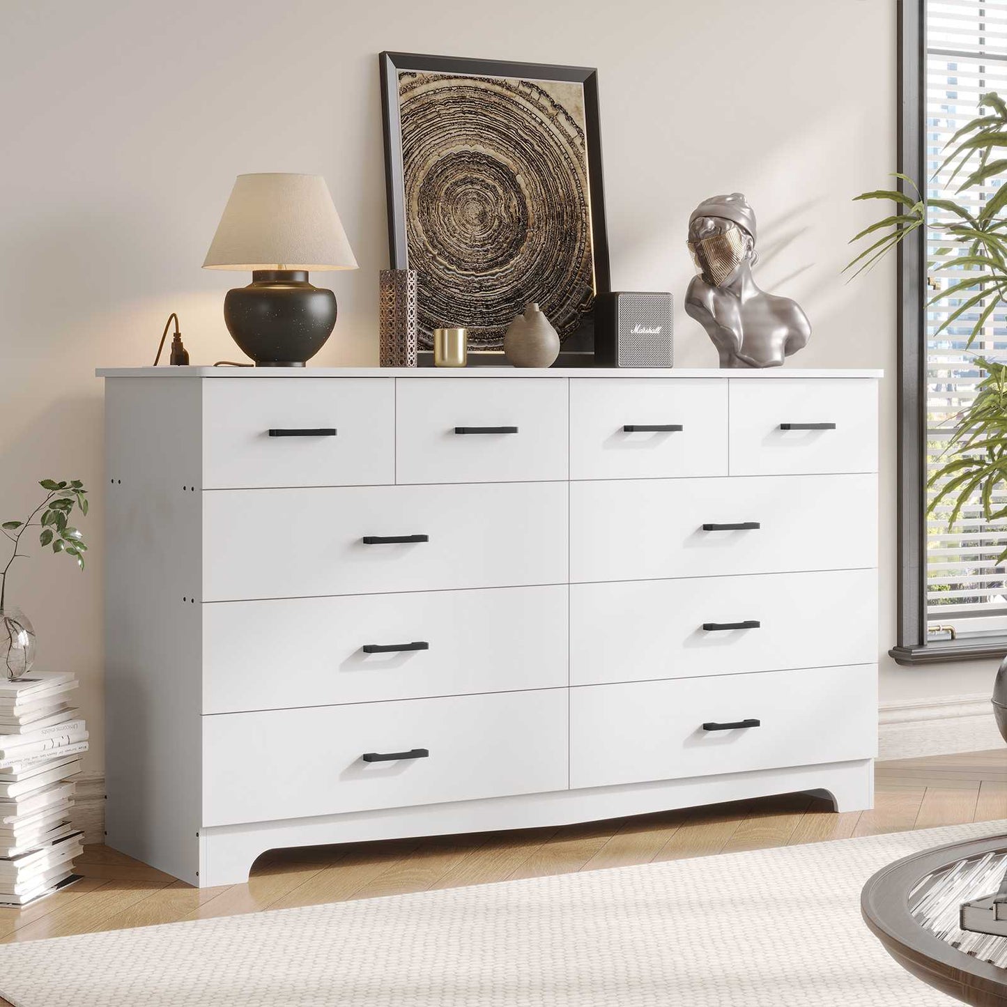 DICTAC 55.1" Wide Dresser with 10 Drawers & Charging Station, Large Storage Chest of Drawers, Long TV Stand Dresser for Bedroom & Living Room (Black/White)