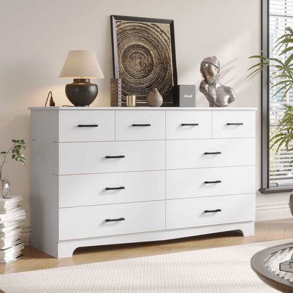 DICTAC 55.1" Wide Dresser with 10 Drawers & Charging Station, Large Storage Chest of Drawers, Long TV Stand Dresser for Bedroom & Living Room (Black/White)