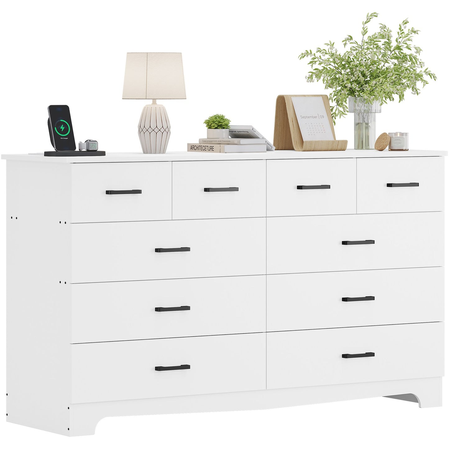 DICTAC 55.1" Wide Dresser with 10 Drawers & Charging Station, Large Storage Chest of Drawers, Long TV Stand Dresser for Bedroom & Living Room (Black/White)