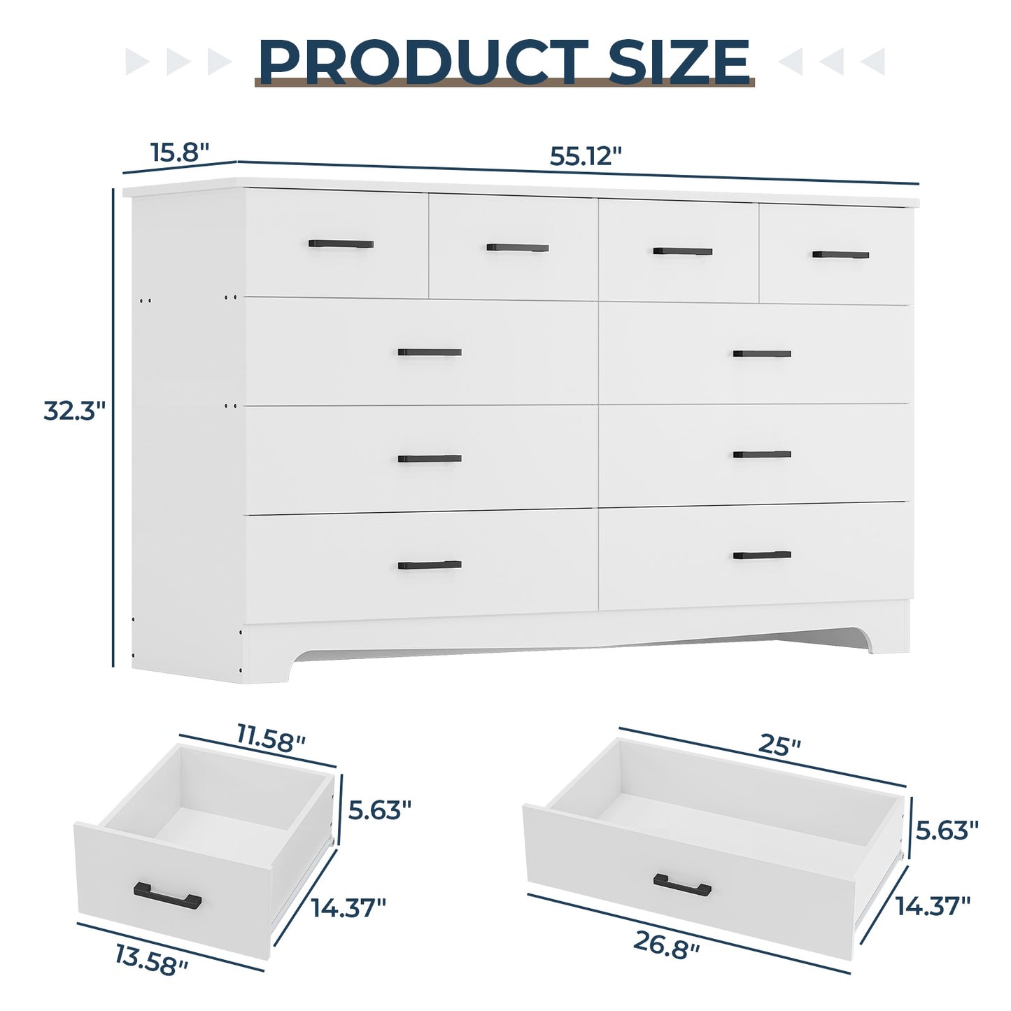DICTAC 55.1" Wide Dresser with 10 Drawers & Charging Station, Large Storage Chest of Drawers, Long TV Stand Dresser for Bedroom & Living Room (Black/White)