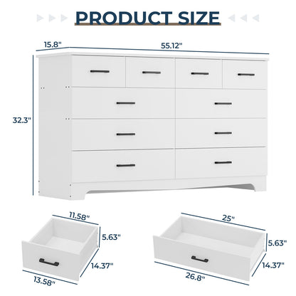 DICTAC 55.1" Wide Dresser with 10 Drawers & Charging Station, Large Storage Chest of Drawers, Long TV Stand Dresser for Bedroom & Living Room (Black/White)