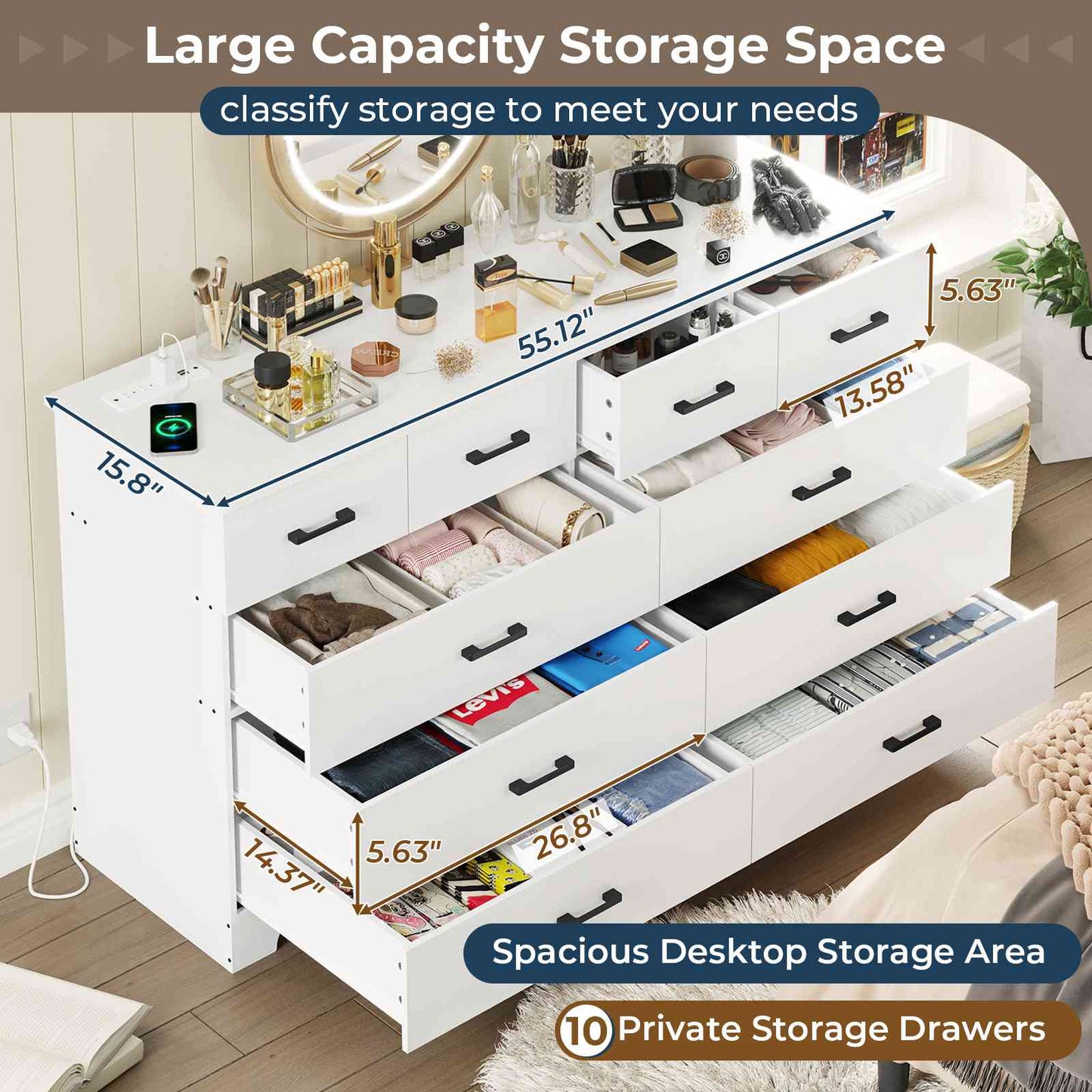 DICTAC 55.1" Wide Dresser with 10 Drawers & Charging Station, Large Storage Chest of Drawers, Long TV Stand Dresser for Bedroom & Living Room (Black/White)