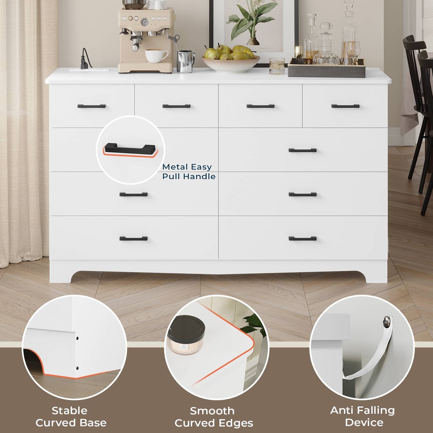 DICTAC 55.1" Wide Dresser with 10 Drawers & Charging Station, Large Storage Chest of Drawers, Long TV Stand Dresser for Bedroom & Living Room (Black/White)