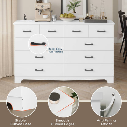 DICTAC 55.1" Wide Dresser with 10 Drawers & Charging Station, Large Storage Chest of Drawers, Long TV Stand Dresser for Bedroom & Living Room (Black/White)