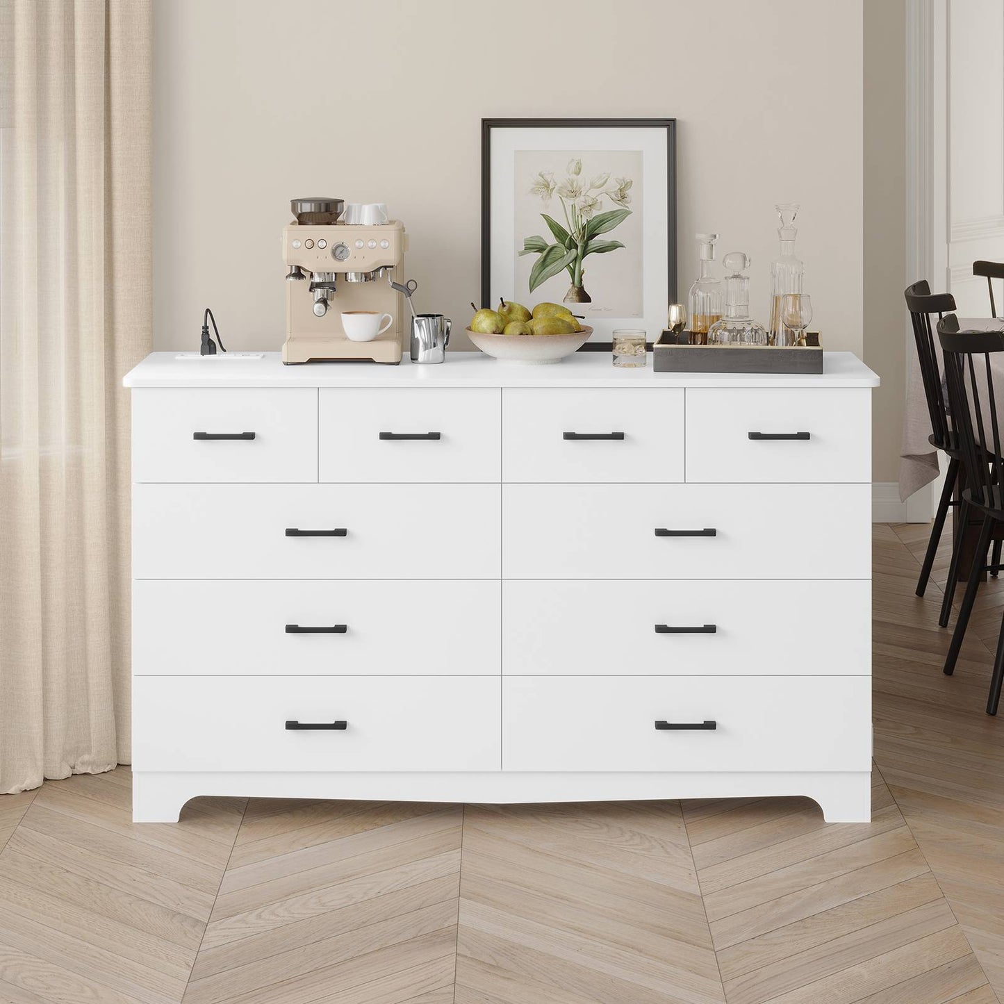 DICTAC 55.1" Wide Dresser with 10 Drawers & Charging Station, Large Storage Chest of Drawers, Long TV Stand Dresser for Bedroom & Living Room (Black/White)