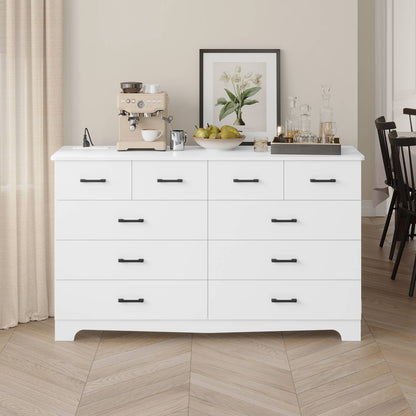 DICTAC 55.1" Wide Dresser with 10 Drawers & Charging Station, Large Storage Chest of Drawers, Long TV Stand Dresser for Bedroom & Living Room (Black/White)