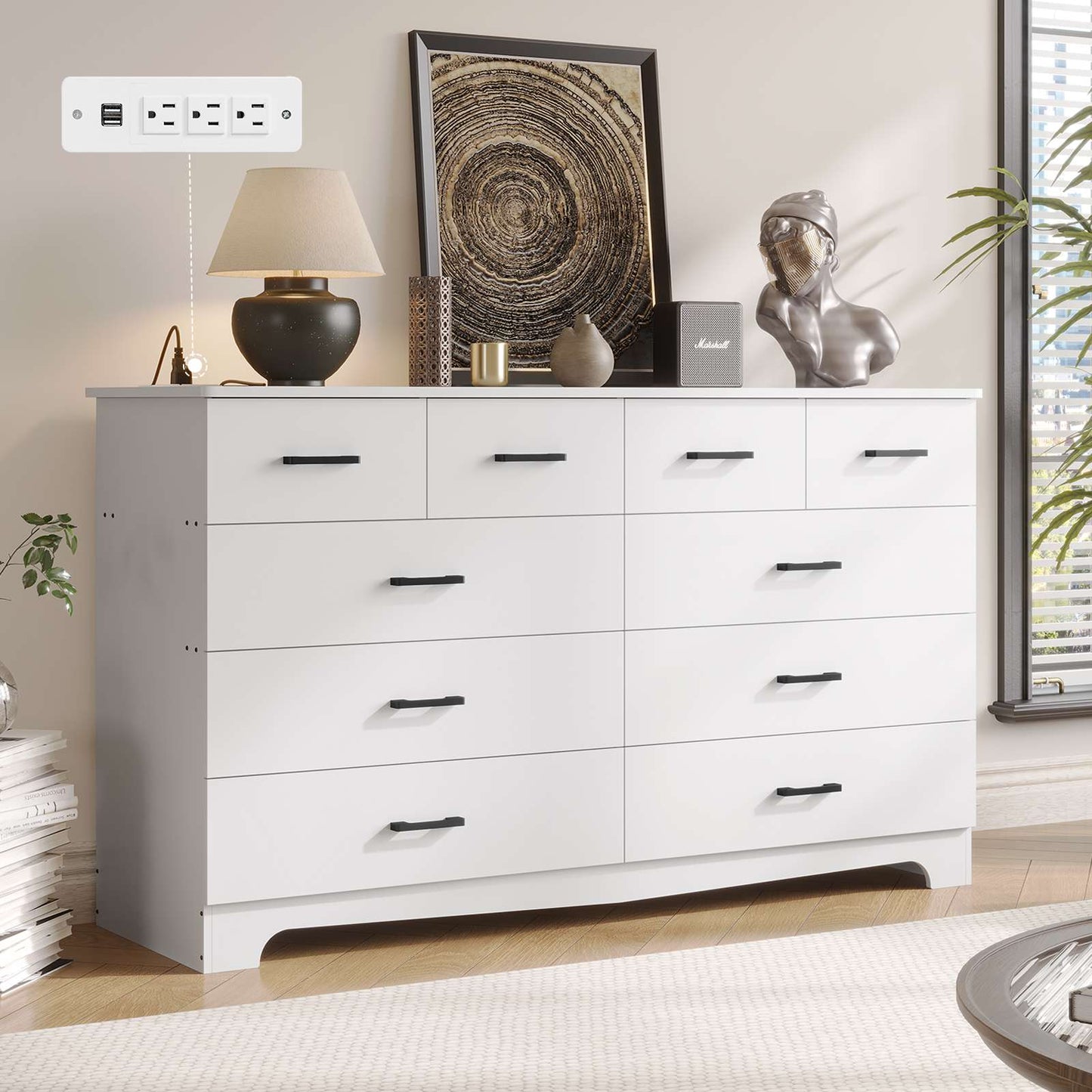 DICTAC 55.1" Wide Dresser with 10 Drawers & Charging Station, Large Storage Chest of Drawers, Long TV Stand Dresser for Bedroom & Living Room (Black/White)