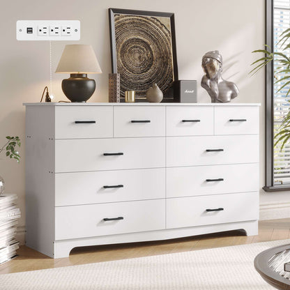 DICTAC 55.1" Wide Dresser with 10 Drawers & Charging Station, Large Storage Chest of Drawers, Long TV Stand Dresser for Bedroom & Living Room (Black/White)