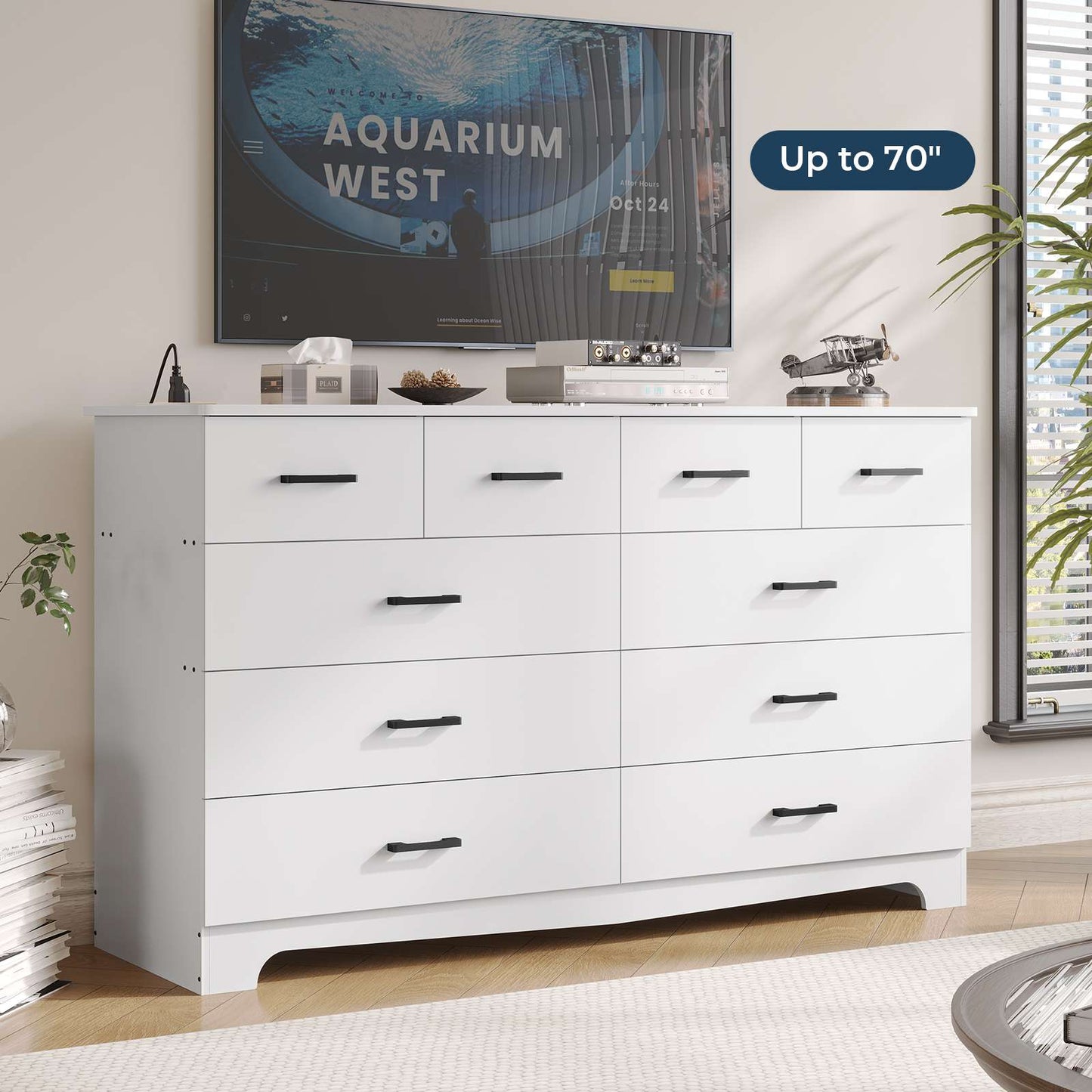 DICTAC 55.1" Wide Dresser with 10 Drawers & Charging Station, Large Storage Chest of Drawers, Long TV Stand Dresser for Bedroom & Living Room (Black/White)