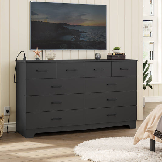 DICTAC 55.1" Wide Dresser with 10 Drawers & Charging Station, Large Storage Chest of Drawers, Long TV Stand Dresser for Bedroom & Living Room (Black/White)