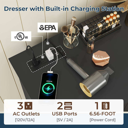 DICTAC 55.1" Wide Dresser with 10 Drawers & Charging Station, Large Storage Chest of Drawers, Long TV Stand Dresser for Bedroom & Living Room (Black/White)