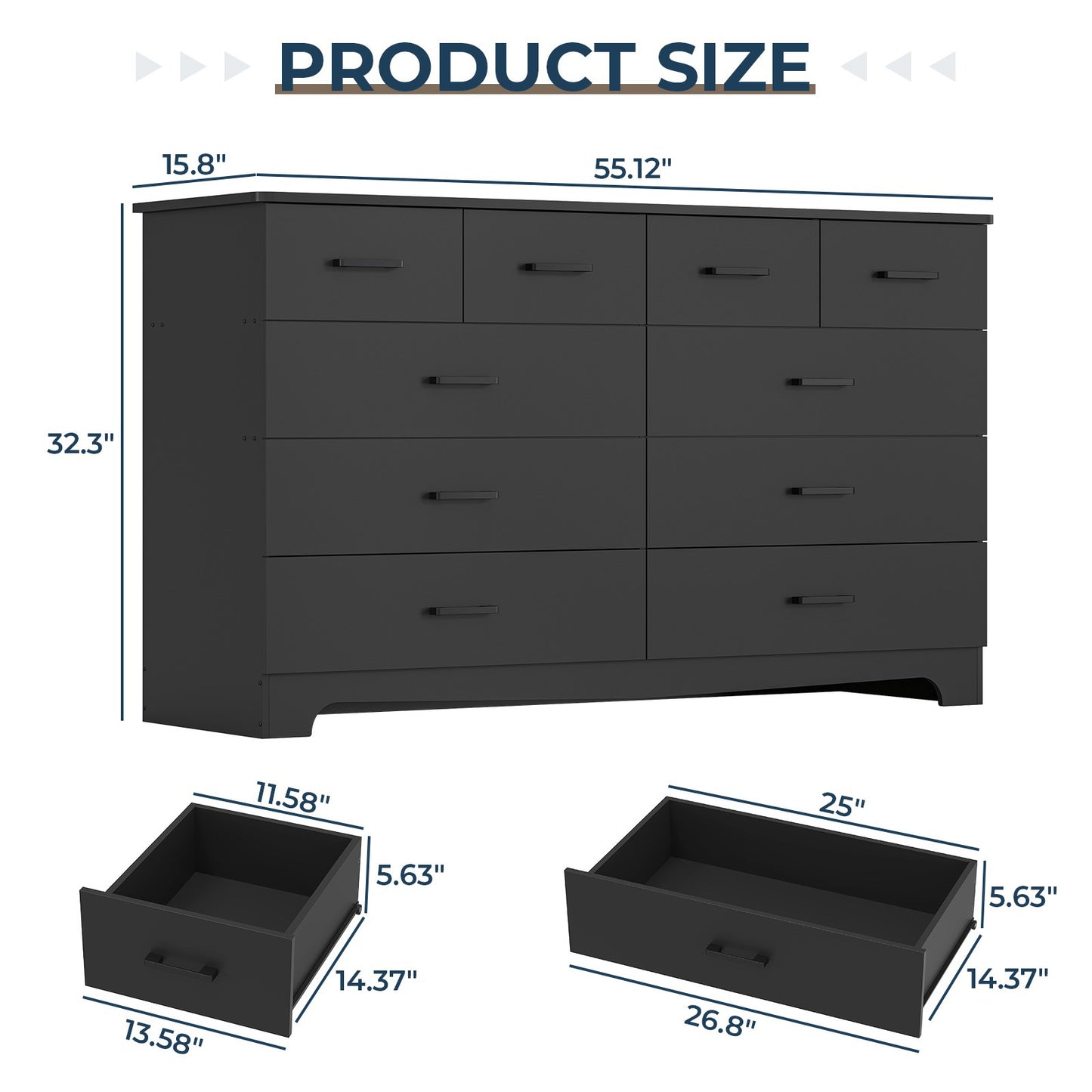 DICTAC 55.1" Wide Dresser with 10 Drawers & Charging Station, Large Storage Chest of Drawers, Long TV Stand Dresser for Bedroom & Living Room (Black/White)