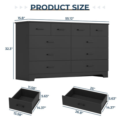 DICTAC 55.1" Wide Dresser with 10 Drawers & Charging Station, Large Storage Chest of Drawers, Long TV Stand Dresser for Bedroom & Living Room (Black/White)