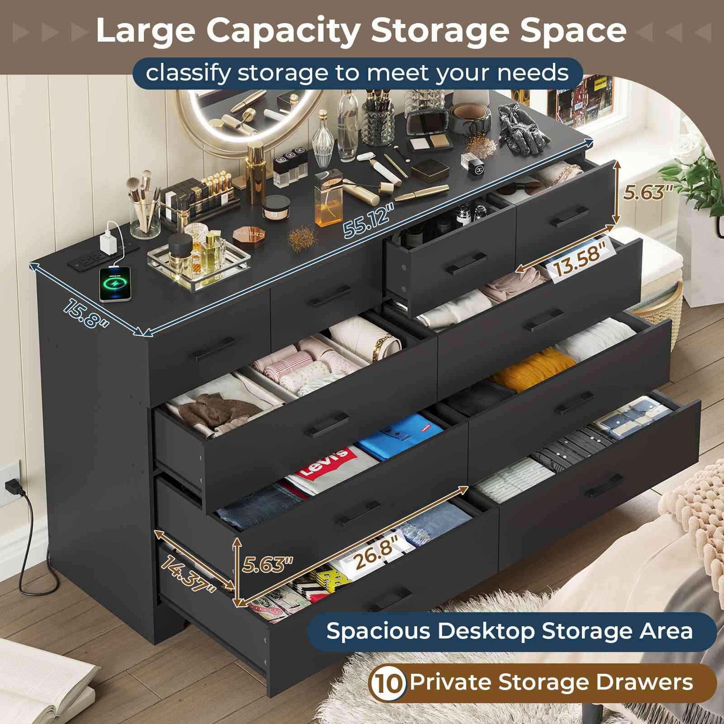 DICTAC 55.1" Wide Dresser with 10 Drawers & Charging Station, Large Storage Chest of Drawers, Long TV Stand Dresser for Bedroom & Living Room (Black/White)
