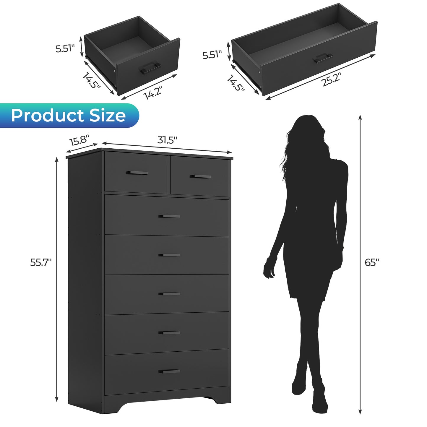 DICTAC | 55.7" Tall Dresser with 7 Drawers, Wide Vertical Chest of Drawers, Large Storage Organizer for Bedroom, Nursery & Living Room (Black/White)
