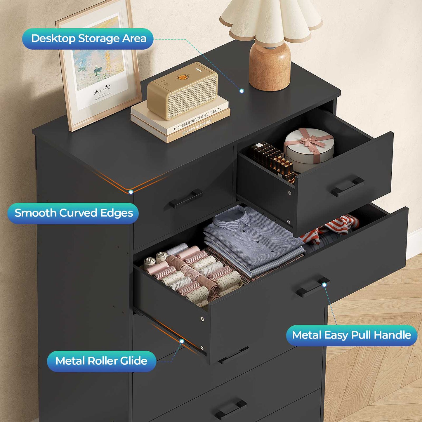 DICTAC | 55.7" Tall Dresser with 7 Drawers, Wide Vertical Chest of Drawers, Large Storage Organizer for Bedroom, Nursery & Living Room (Black/White)