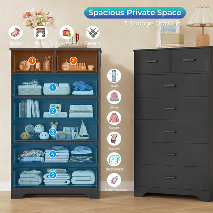 DICTAC | 55.7" Tall Dresser with 7 Drawers, Wide Vertical Chest of Drawers, Large Storage Organizer for Bedroom, Nursery & Living Room (Black/White)