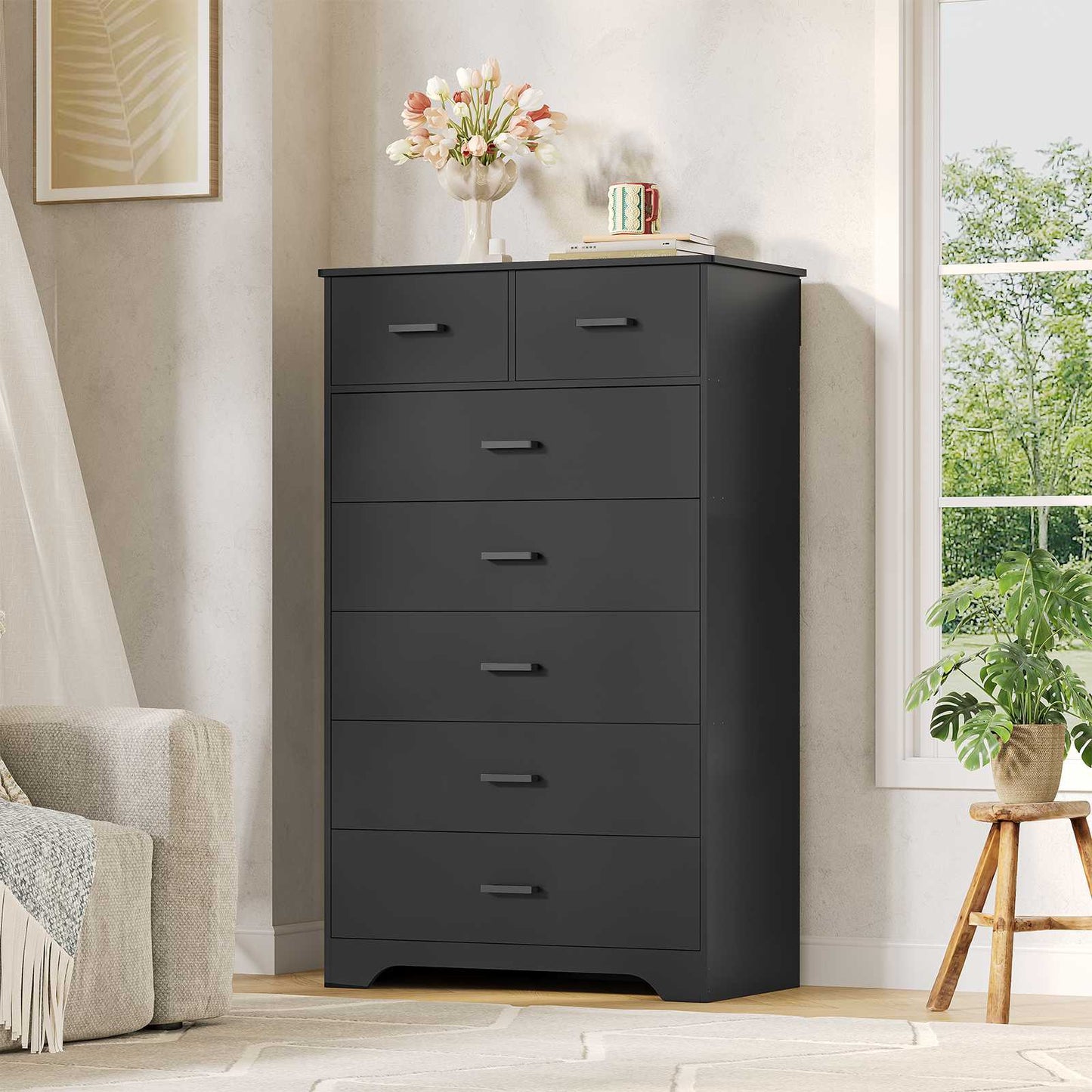 DICTAC | 55.7" Tall Dresser with 7 Drawers, Wide Vertical Chest of Drawers, Large Storage Organizer for Bedroom, Nursery & Living Room (Black/White)