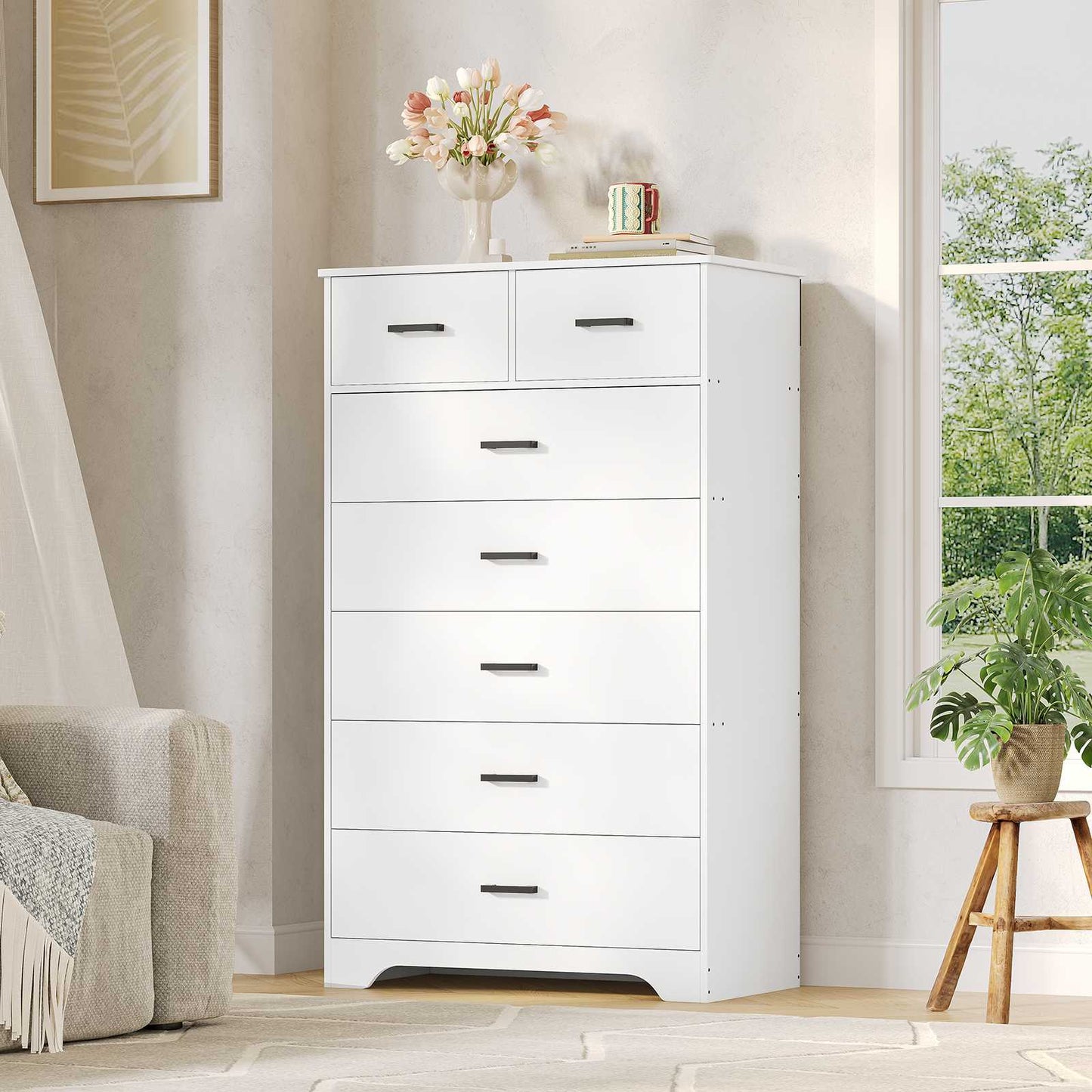 DICTAC | 55.7" Tall Dresser with 7 Drawers, Wide Vertical Chest of Drawers, Large Storage Organizer for Bedroom, Nursery & Living Room (Black/White)