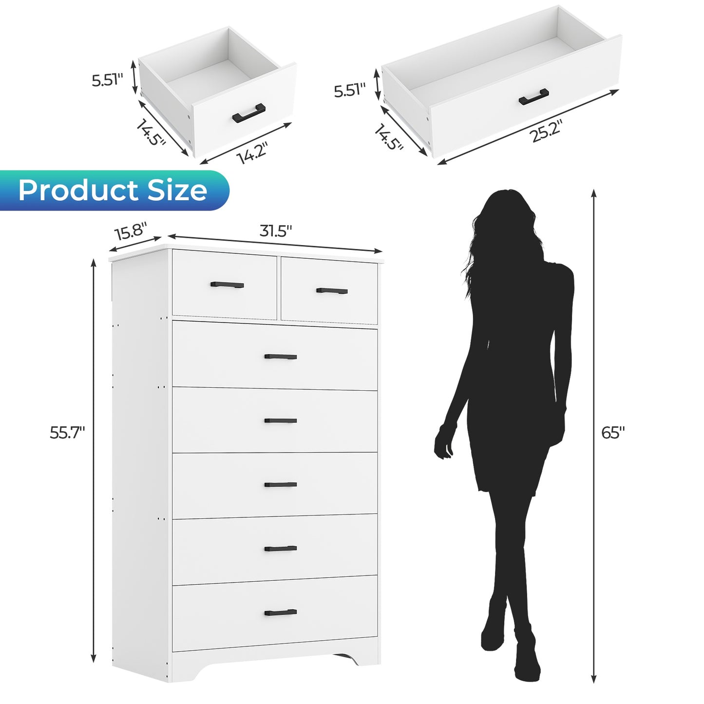 DICTAC | 55.7" Tall Dresser with 7 Drawers, Wide Vertical Chest of Drawers, Large Storage Organizer for Bedroom, Nursery & Living Room (Black/White)