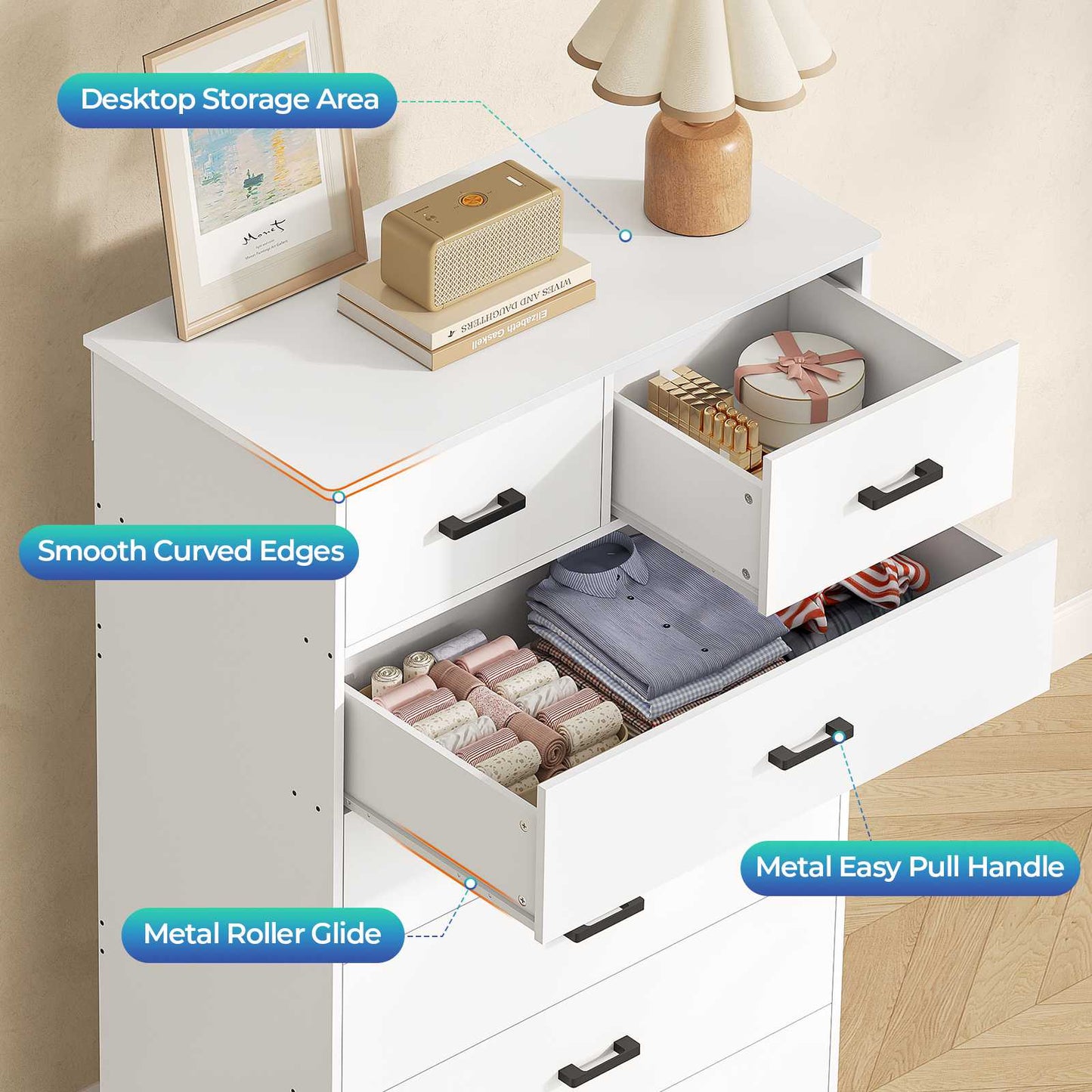 DICTAC | 55.7" Tall Dresser with 7 Drawers, Wide Vertical Chest of Drawers, Large Storage Organizer for Bedroom, Nursery & Living Room (Black/White)