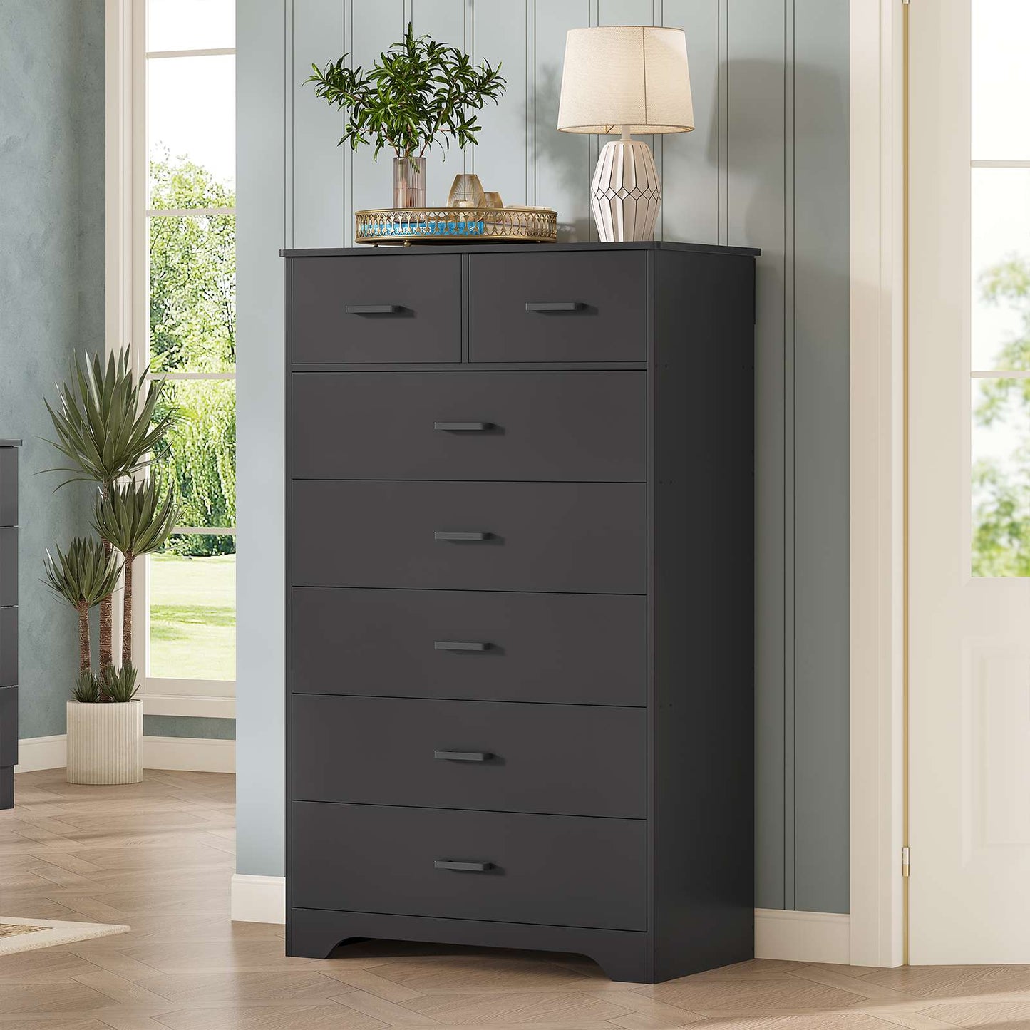 DICTAC | 55.7" Tall Dresser with 7 Drawers, Wide Vertical Chest of Drawers, Large Storage Organizer for Bedroom, Nursery & Living Room (Black/White)