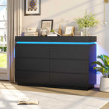 DICTAC | 6 Drawer Dresser with Sliding Top, LED Lights & Charging Station, Wide Black Storage Dresser for Bedroom