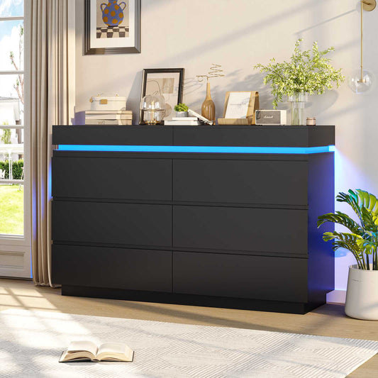 DICTAC | 6 Drawer Dresser with Sliding Top, LED Lights & Charging Station, Wide Black Storage Dresser for Bedroom