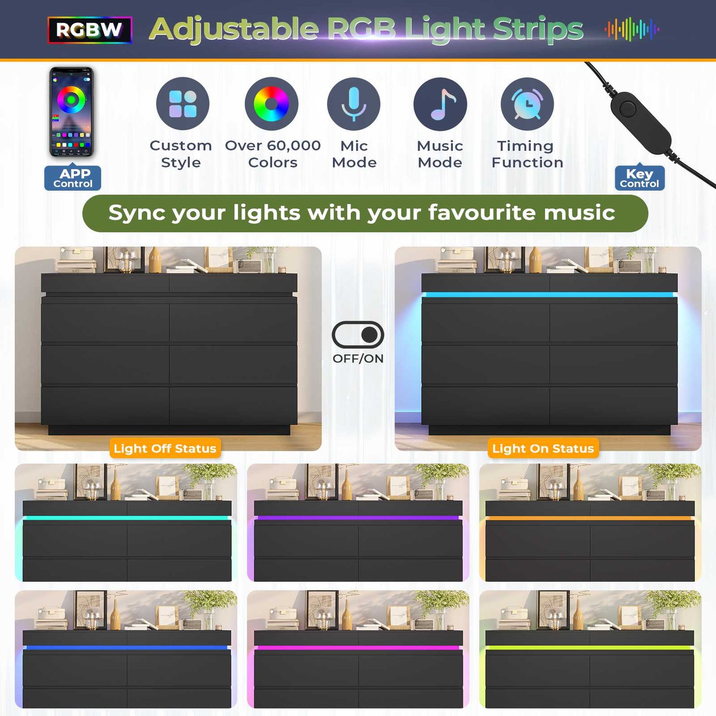 DICTAC | 6 Drawer Dresser with Sliding Top, LED Lights & Charging Station, Wide Black Storage Dresser for Bedroom