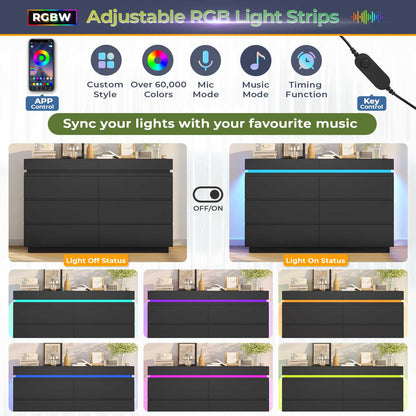 DICTAC | 6 Drawer Dresser with Sliding Top, LED Lights & Charging Station, Wide Black Storage Dresser for Bedroom