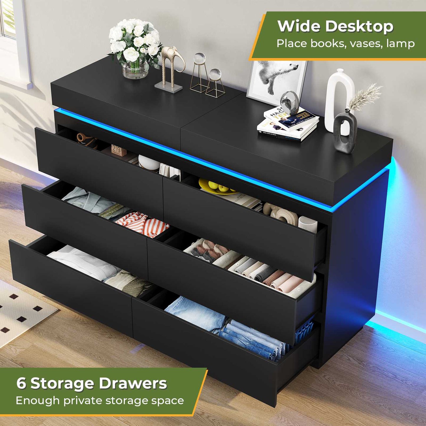 DICTAC | 6 Drawer Dresser with Sliding Top, LED Lights & Charging Station, Wide Black Storage Dresser for Bedroom