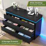 DICTAC | 6 Drawer Dresser with Sliding Top, LED Lights & Charging Station, Wide Black Storage Dresser for Bedroom