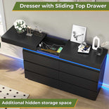 DICTAC | 6 Drawer Dresser with Sliding Top, LED Lights & Charging Station, Wide Black Storage Dresser for Bedroom