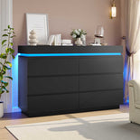 DICTAC | 6 Drawer Dresser with Sliding Top, LED Lights & Charging Station, Wide Black Storage Dresser for Bedroom
