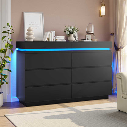 DICTAC | 6 Drawer Dresser with Sliding Top, LED Lights & Charging Station, Wide Black Storage Dresser for Bedroom