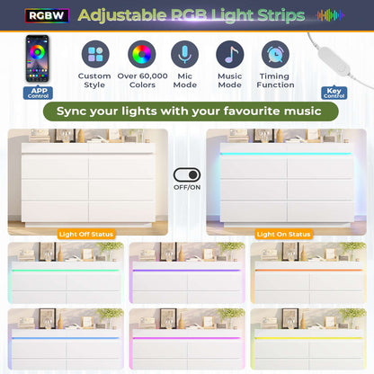 DICTAC | 6 Drawer Dresser with Sliding Top, LED Lights & Charging Station, Wide Black Storage Dresser for Bedroom