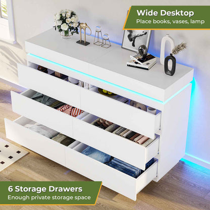 DICTAC | 6 Drawer Dresser with Sliding Top, LED Lights & Charging Station, Wide Black Storage Dresser for Bedroom