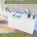 DICTAC | 6 Drawer Dresser with Sliding Top, LED Lights & Charging Station, Wide Black Storage Dresser for Bedroom