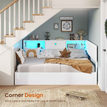 DICTAC | Corner Lift-Up Storage Bed Frame with LED Lights & Charging Station, Hydraulic Storage Daybed with Bookcase (White)
