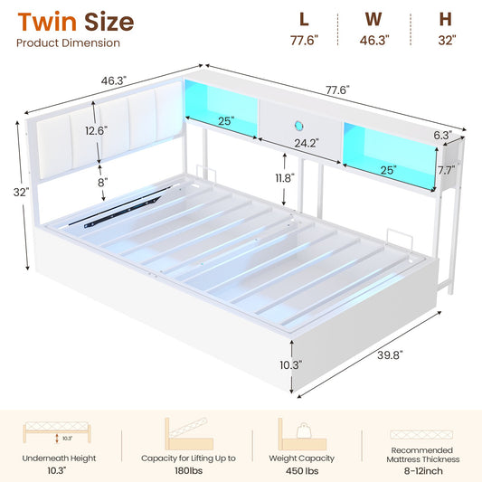 DICTAC | Corner Lift-Up Storage Bed Frame with LED Lights & Charging Station, Hydraulic Storage Daybed with Bookcase (White)