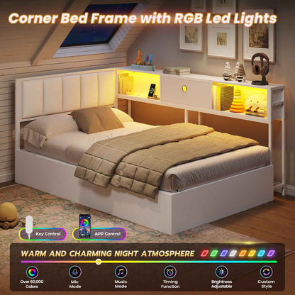 DICTAC | Corner Lift-Up Storage Bed Frame with LED Lights & Charging Station, Hydraulic Storage Daybed with Bookcase (White)