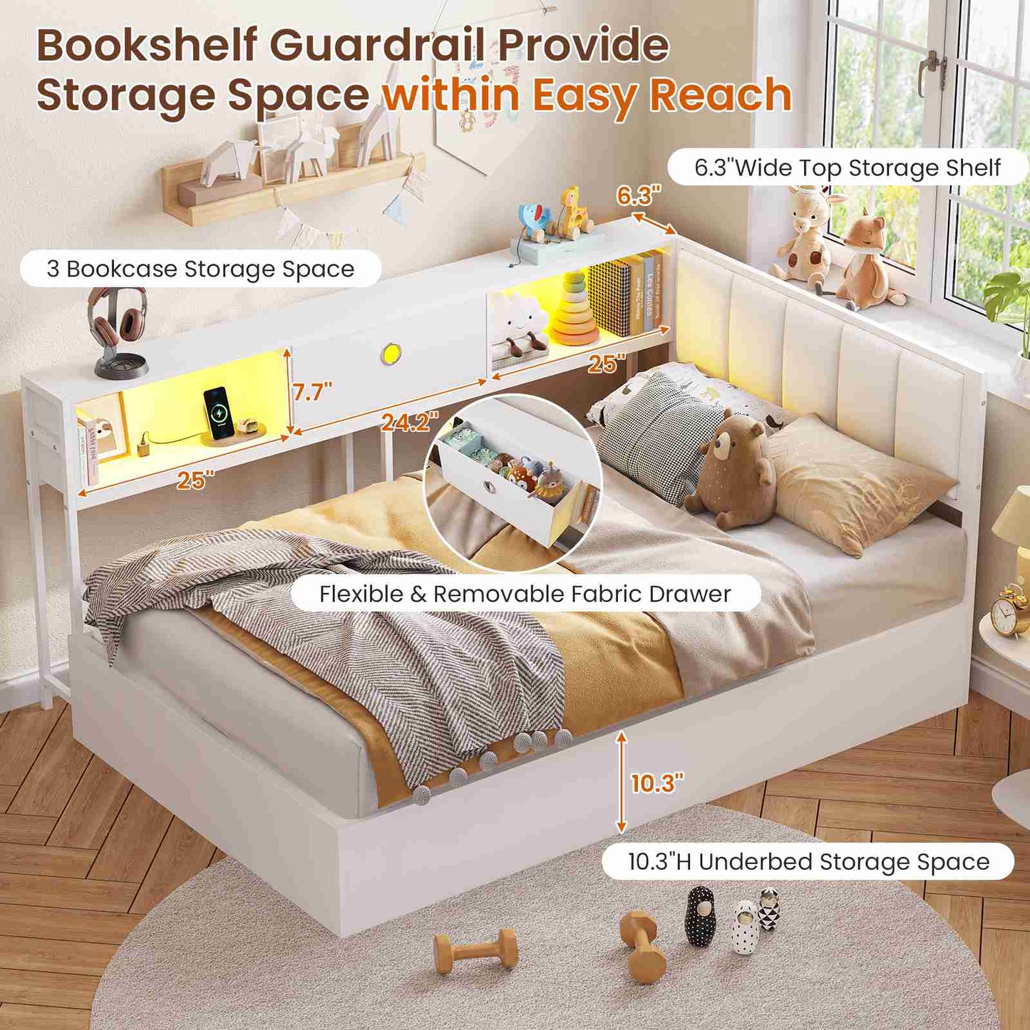 DICTAC | Corner Lift-Up Storage Bed Frame with LED Lights & Charging Station, Hydraulic Storage Daybed with Bookcase (White)