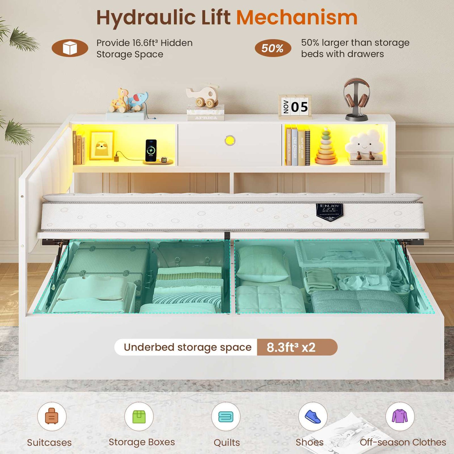 DICTAC | Corner Lift-Up Storage Bed Frame with LED Lights & Charging Station, Hydraulic Storage Daybed with Bookcase (White)