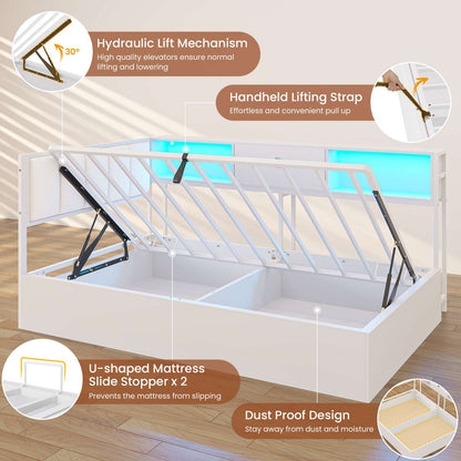 DICTAC | Corner Lift-Up Storage Bed Frame with LED Lights & Charging Station, Hydraulic Storage Daybed with Bookcase (White)