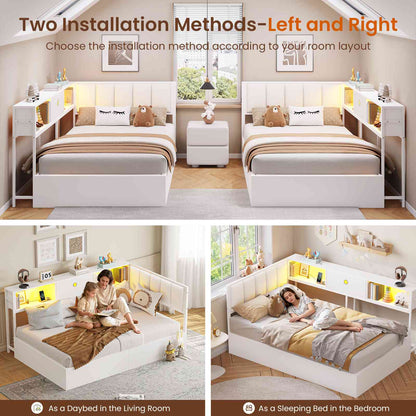 DICTAC | Corner Lift-Up Storage Bed Frame with LED Lights & Charging Station, Hydraulic Storage Daybed with Bookcase (White)