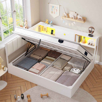 DICTAC | Corner Lift-Up Storage Bed Frame with LED Lights & Charging Station, Hydraulic Storage Daybed with Bookcase (White)